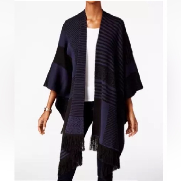 NWT Style & Co Womens Blue Knit Striped Fringe Poncho Size L/ XL - Picture 9 of 9